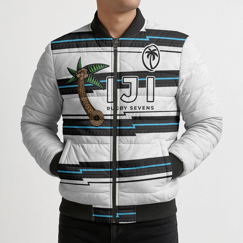 Custom Fijian Rugby Sevens Bomber Puffer Jacket Masi Tapa Pattern Stripes Sporty Style LT03 - Polynesian Pride