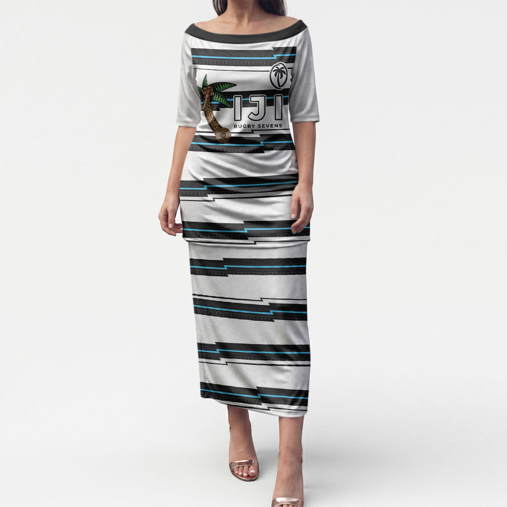 Custom Fijian Rugby Sevens Puletasi Masi Tapa Pattern Stripes Sporty Style LT03 Long Dress White - Polynesian Pride