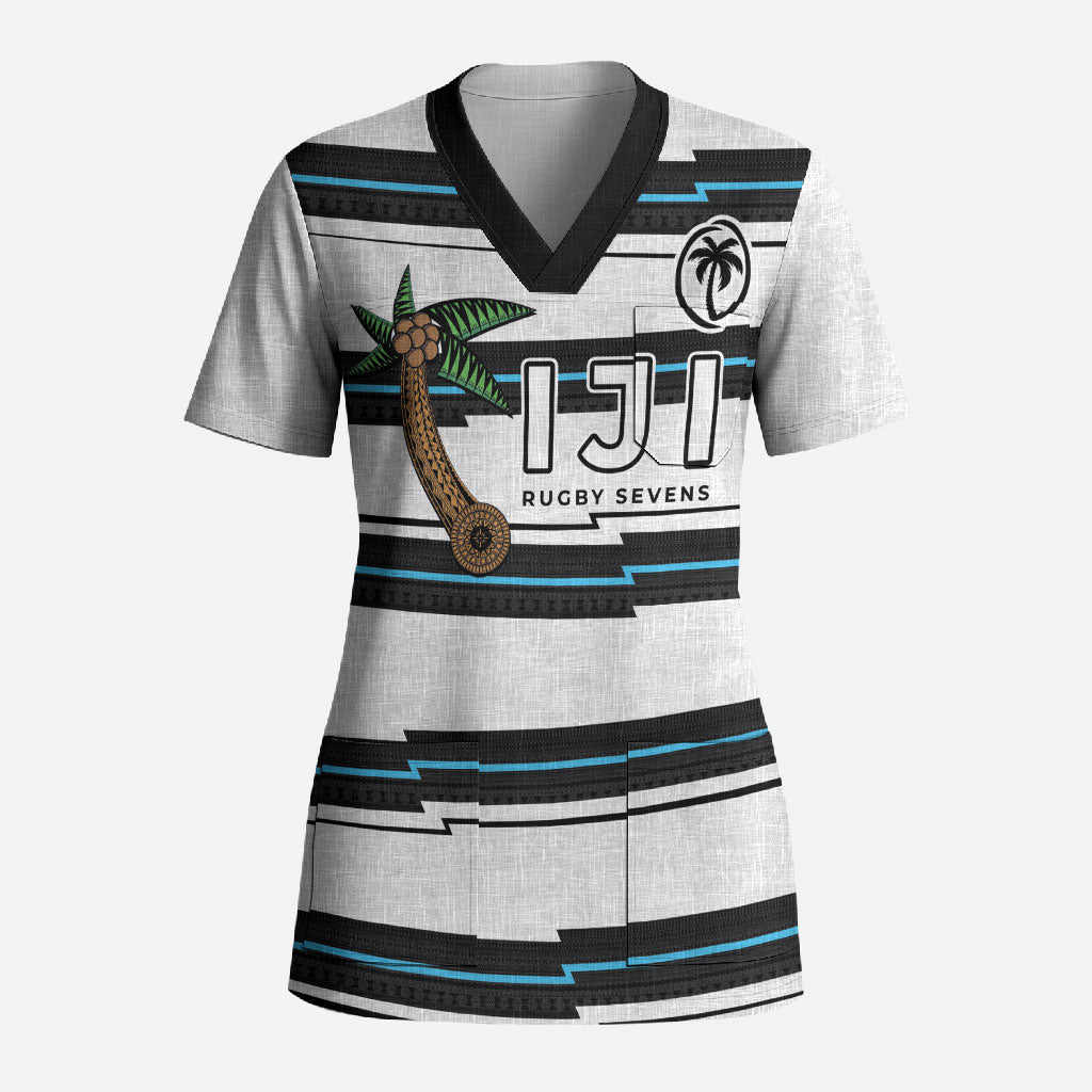 Custom Fijian Rugby Sevens Scrub Top Masi Tapa Pattern Stripes Sporty Style LT03 Adult White - Polynesian Pride