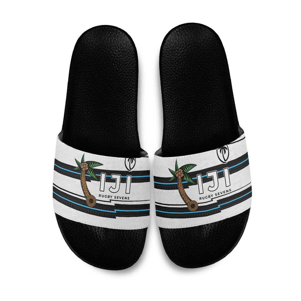 Fijian Rugby Sevens Slide Sandals Masi Tapa Pattern Stripes Sporty Style LT03 White - Polynesian Pride