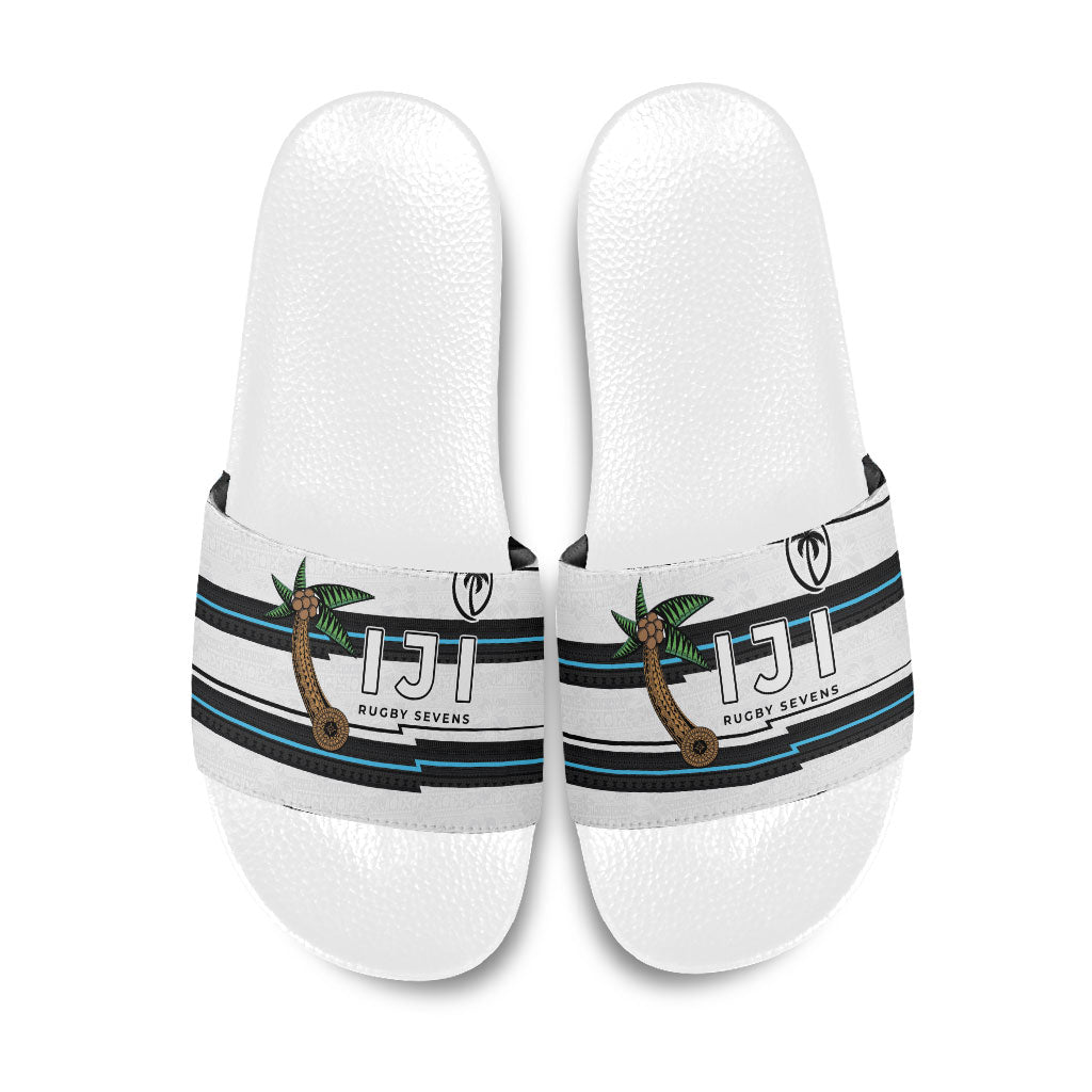 Fijian Rugby Sevens Slide Sandals Masi Tapa Pattern Stripes Sporty Style LT03 White - Polynesian Pride