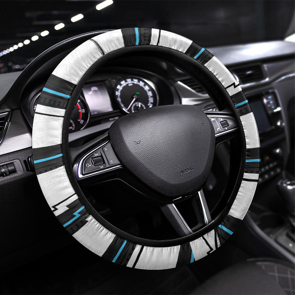 Fijian Rugby Sevens Steering Wheel Cover Masi Tapa Pattern Stripes Sporty Style LT03 Universal Fit White - Polynesian Pride