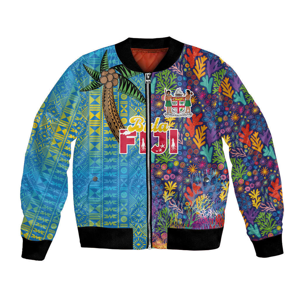 Personalised Fijian Coral Reef Bomber Jacket with Traditional Tapa Pattern Split Style LT03 Unisex Multicolor - Polynesian Pride
