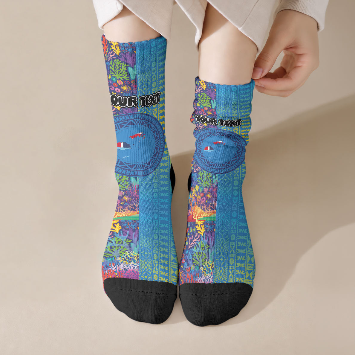 Personalised Fijian Coral Reef Crew Socks with Traditional Tapa Pattern Split Style LT03 Crew Socks Multicolor - Polynesian Pride
