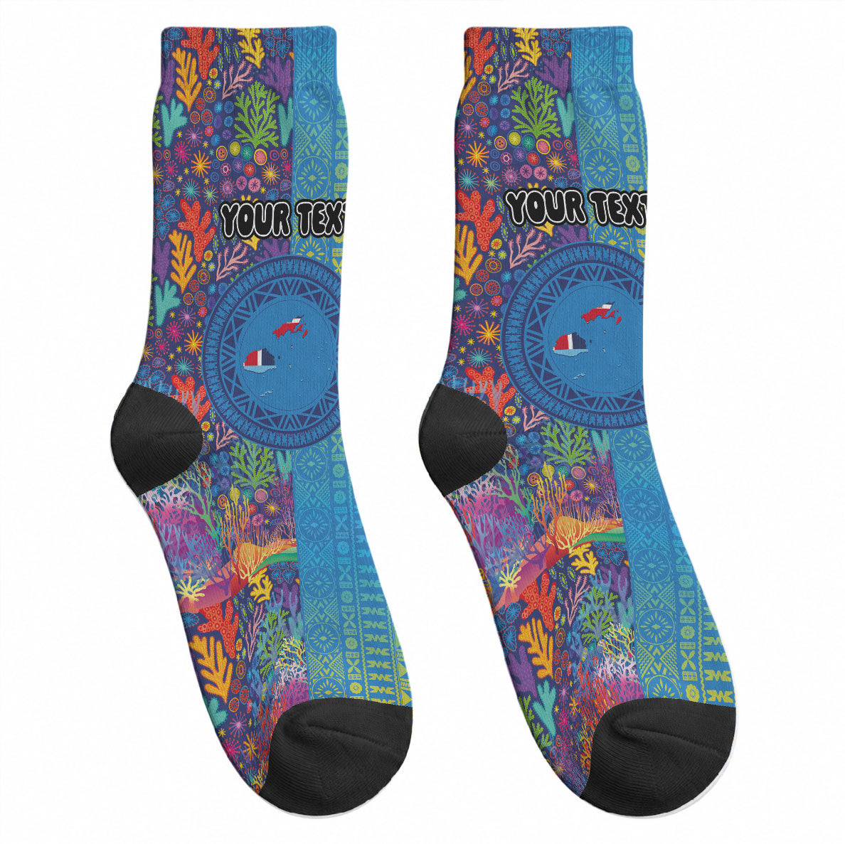 Personalised Fijian Coral Reef Crew Socks with Traditional Tapa Pattern Split Style LT03 - Polynesian Pride
