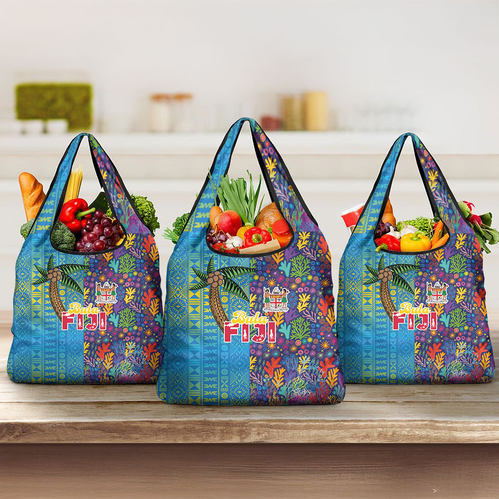 Fijian Coral Reef Grocery Bag with Traditional Tapa Pattern Split Style LT03 3-pack One Size Multicolor - Polynesian Pride
