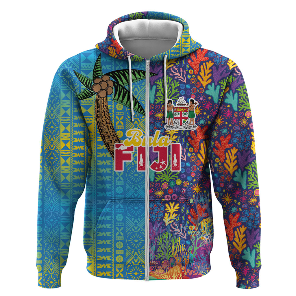 Personalised Fijian Coral Reef Hoodie with Traditional Tapa Pattern Split Style LT03 Zip Hoodie Multicolor - Polynesian Pride