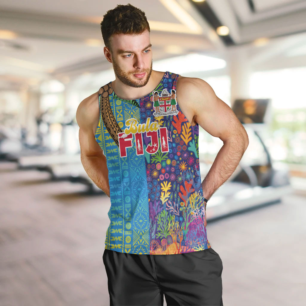 Personalised Fijian Coral Reef Men Tank Top with Traditional Tapa Pattern Split Style LT03 Multicolor - Polynesian Pride