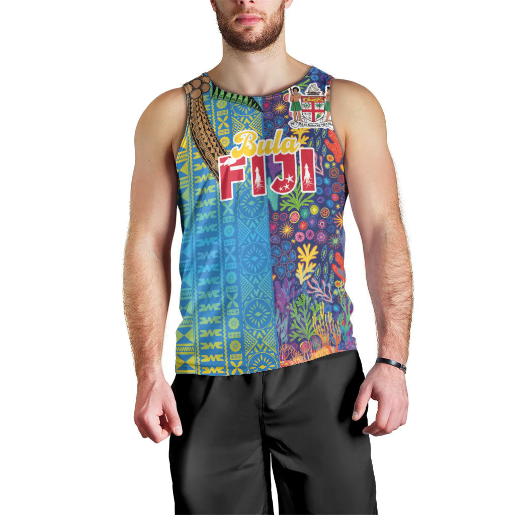Personalised Fijian Coral Reef Men Tank Top with Traditional Tapa Pattern Split Style LT03 - Polynesian Pride