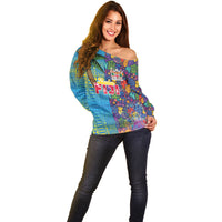 Personalised Fijian Coral Reef Off Shoulder Sweater with Traditional Tapa Pattern Split Style LT03 - Polynesian Pride