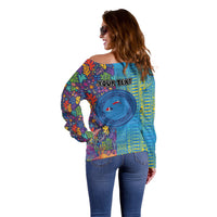Personalised Fijian Coral Reef Off Shoulder Sweater with Traditional Tapa Pattern Split Style LT03 - Polynesian Pride