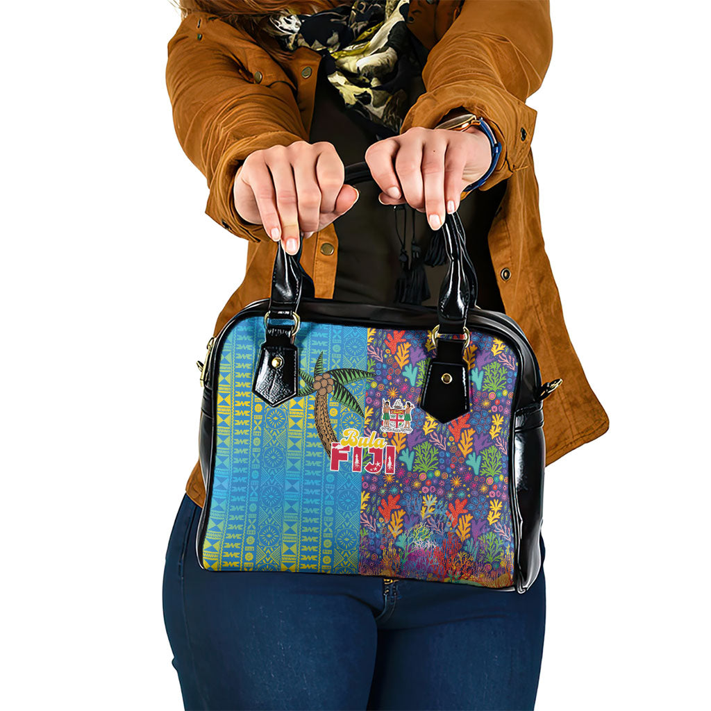 Fijian Coral Reef Shoulder Handbag with Traditional Tapa Pattern Split Style