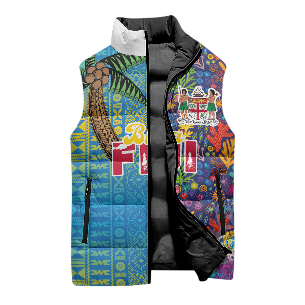 Personalised Fijian Coral Reef Sleeveless Puffer Jacket with Traditional Tapa Pattern Split Style LT03 - Polynesian Pride