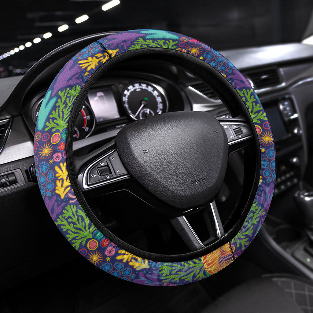 Fijian Coral Reef Steering Wheel Cover with Traditional Tapa Pattern Split Style LT03 Universal Fit Multicolor - Polynesian Pride