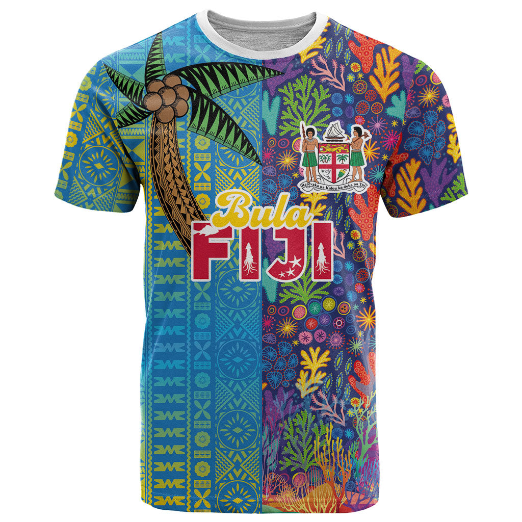 Personalised Fijian Coral Reef T Shirt with Traditional Tapa Pattern Split Style LT03 Multicolor - Polynesian Pride