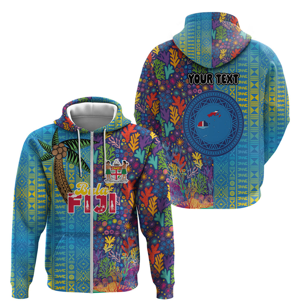Personalised Fijian Coral Reef Zip Hoodie with Traditional Tapa Pattern Split Style LT03 - Polynesian Pride