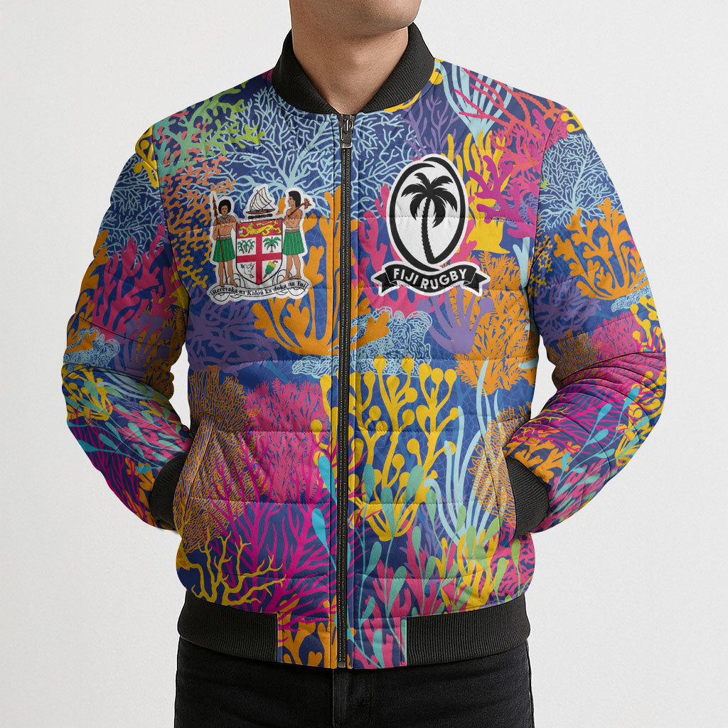 Custom Fijian Rugby Bomber Puffer Jacket Colorful Coral Reef Pre Match Design LT03 - Polynesian Pride