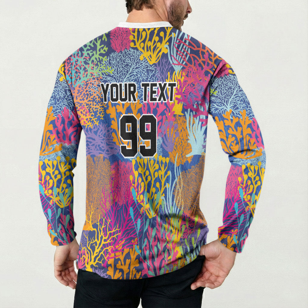 Custom Fijian Rugby Button Sweatshirt Colorful Coral Reef Pre Match Design LT03 - Polynesian Pride