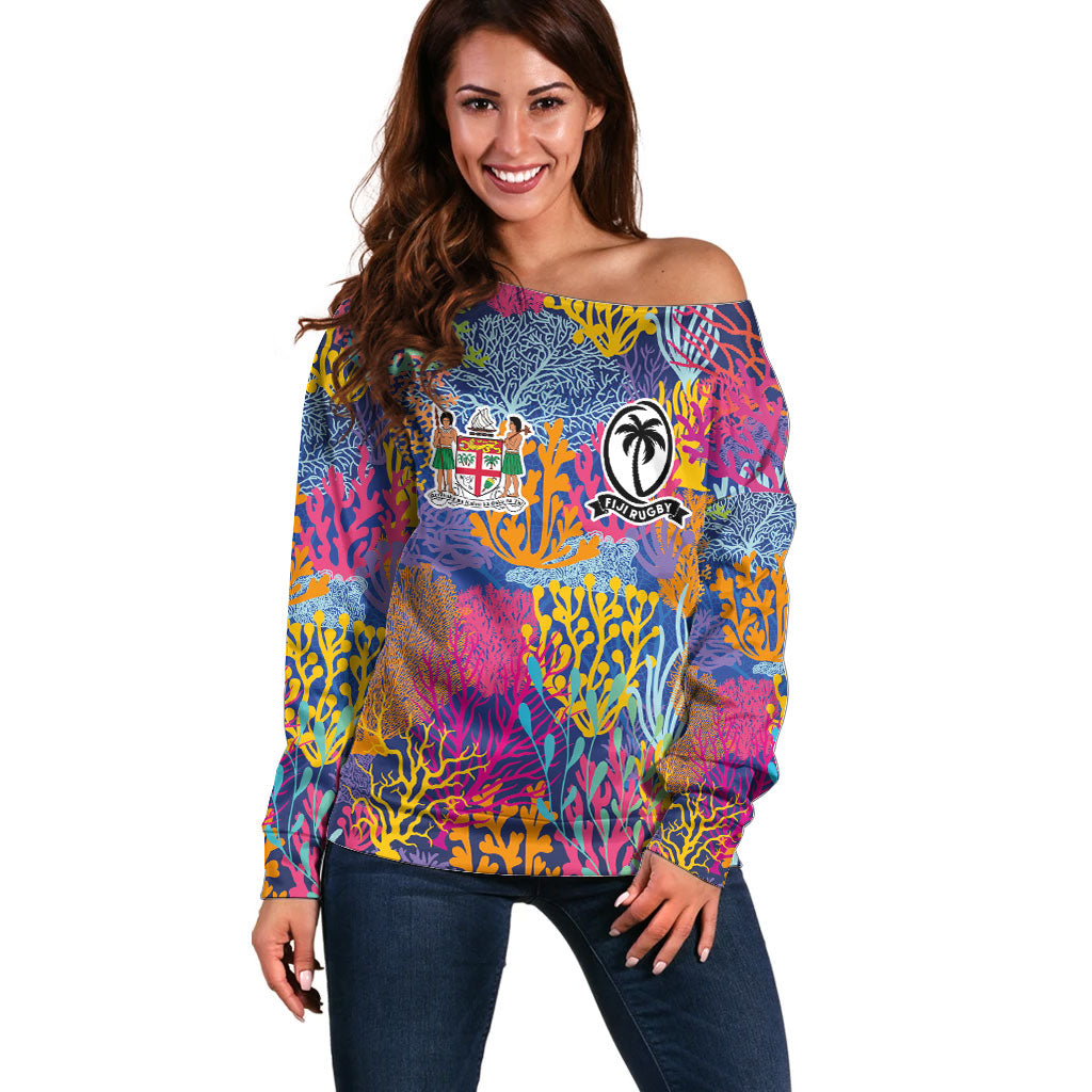 Custom Fijian Rugby Off Shoulder Sweater Colorful Coral Reef Pre Match Design LT03 Women Multicolor - Polynesian Pride