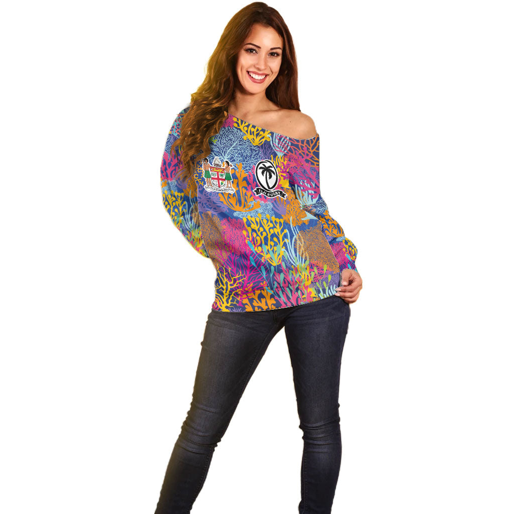 Custom Fijian Rugby Off Shoulder Sweater Colorful Coral Reef Pre Match Design LT03 - Polynesian Pride