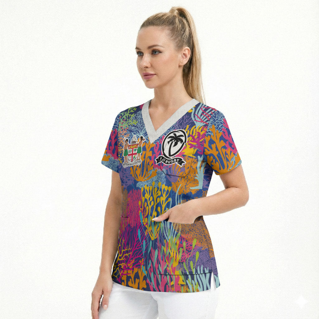 Custom Fijian Rugby Scrub Top Colorful Coral Reef Pre Match Design LT03 - Polynesian Pride