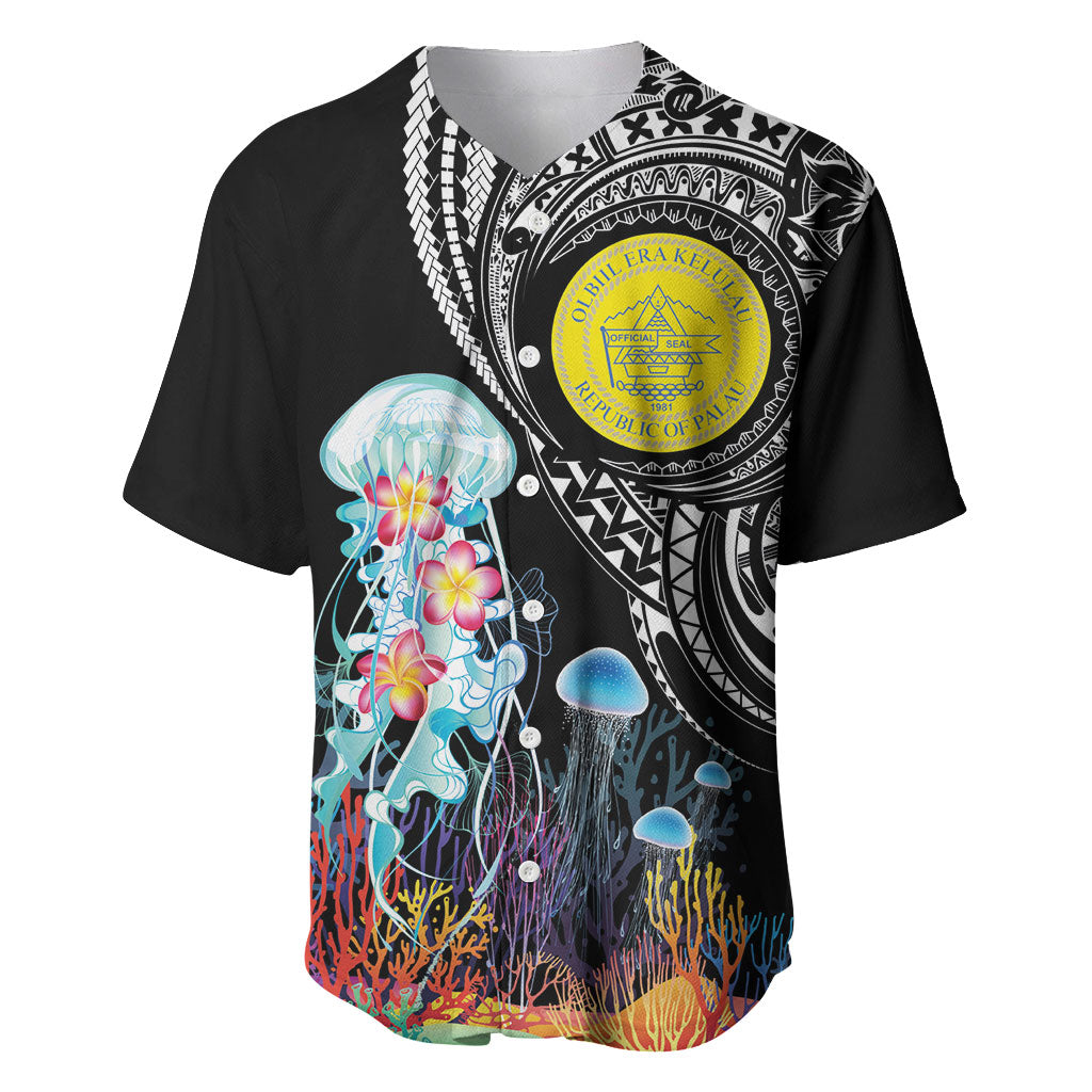 Palau Jellyfish Baseball Jersey Coral Reef with Polynesian Pattern LT03 Black - Polynesian Pride