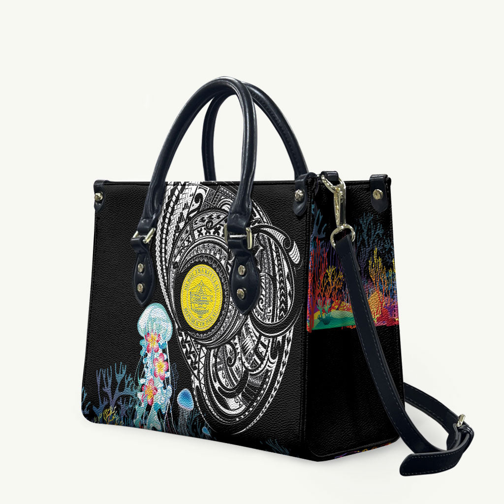 Palau Jellyfish Leather Bag Coral Reef with Polynesian Pattern LT03 Black - Polynesian Pride
