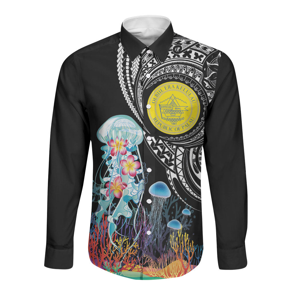 Palau Jellyfish Long Sleeve Button Shirt Coral Reef with Polynesian Pattern LT03 Unisex Black - Polynesian Pride
