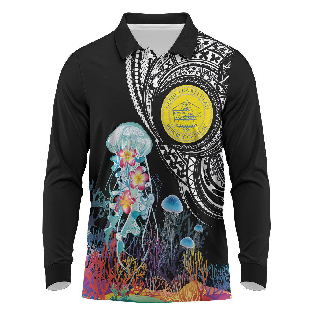 Palau Jellyfish Long Sleeve Polo Shirt Coral Reef with Polynesian Pattern LT03 Black - Polynesian Pride