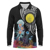 Palau Jellyfish Long Sleeve Polo Shirt Coral Reef with Polynesian Pattern LT03 Black - Polynesian Pride