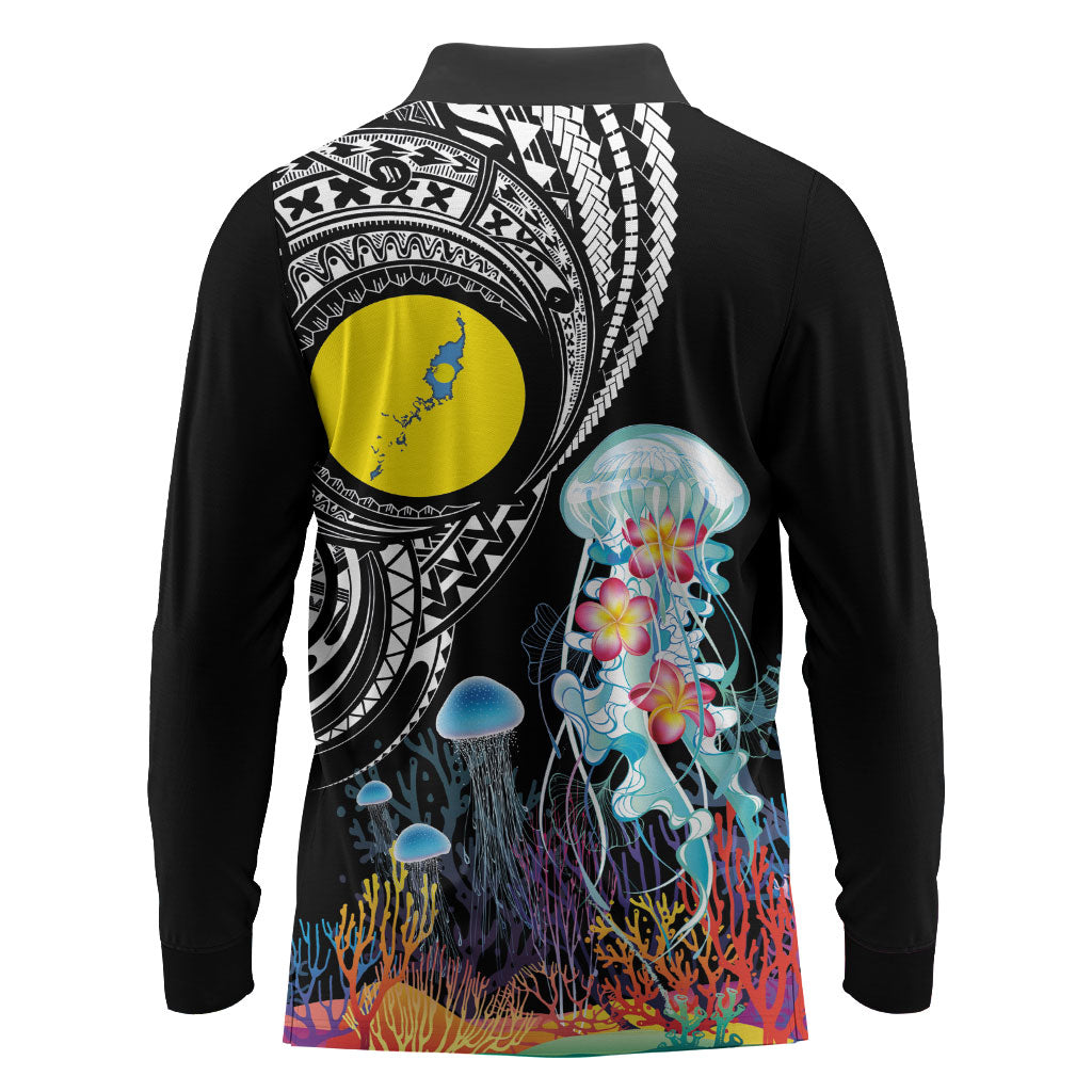 Palau Jellyfish Long Sleeve Polo Shirt Coral Reef with Polynesian Pattern LT03 - Polynesian Pride