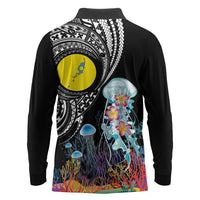 Palau Jellyfish Long Sleeve Polo Shirt Coral Reef with Polynesian Pattern LT03 - Polynesian Pride
