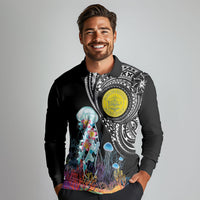 Palau Jellyfish Long Sleeve Polo Shirt Coral Reef with Polynesian Pattern LT03 - Polynesian Pride