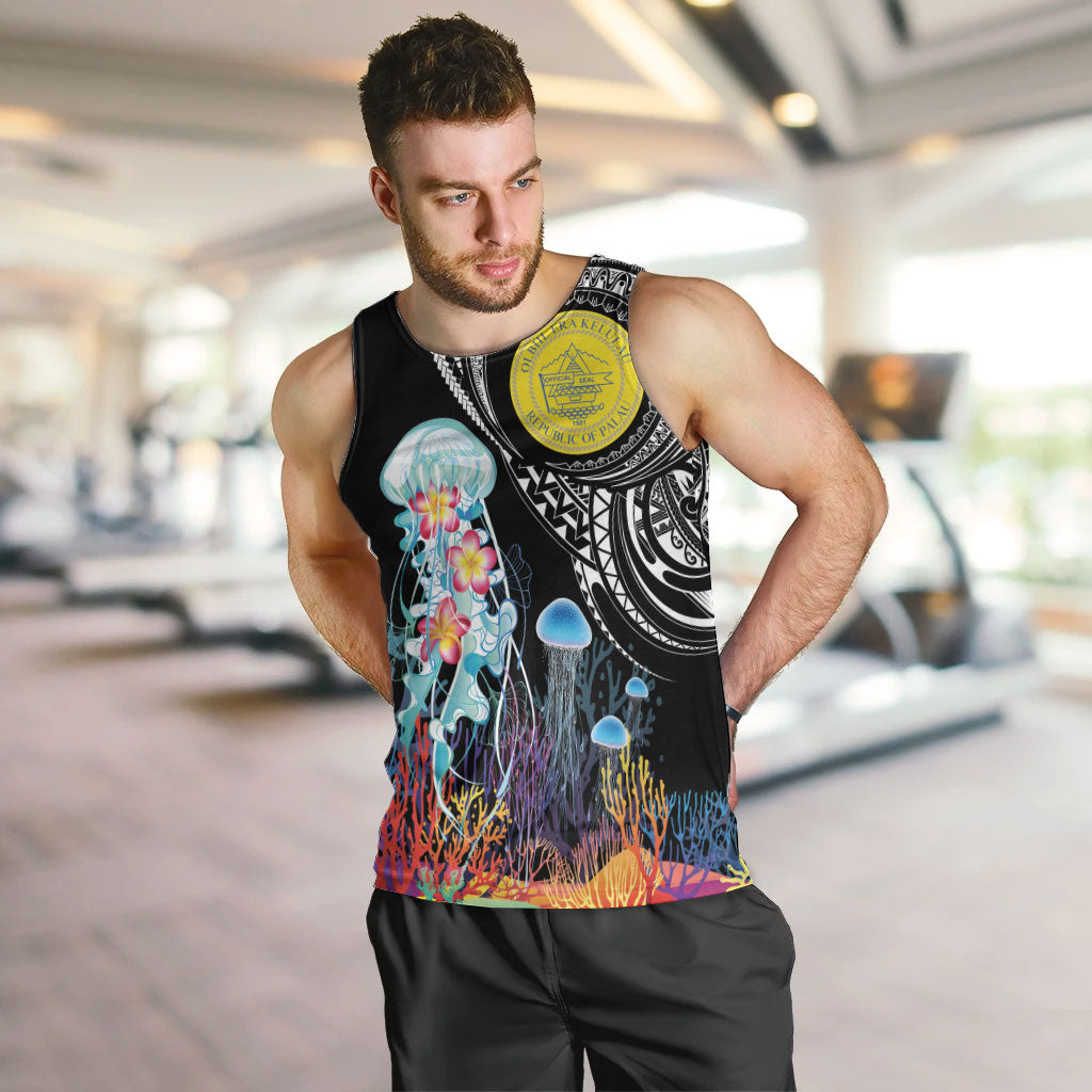 Palau Jellyfish Men Tank Top Coral Reef with Polynesian Pattern LT03 Black - Polynesian Pride