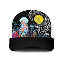 Palau Jellyfish Mesh Trucker Cap Coral Reef with Polynesian Pattern LT03 One Size White Black - Polynesian Pride