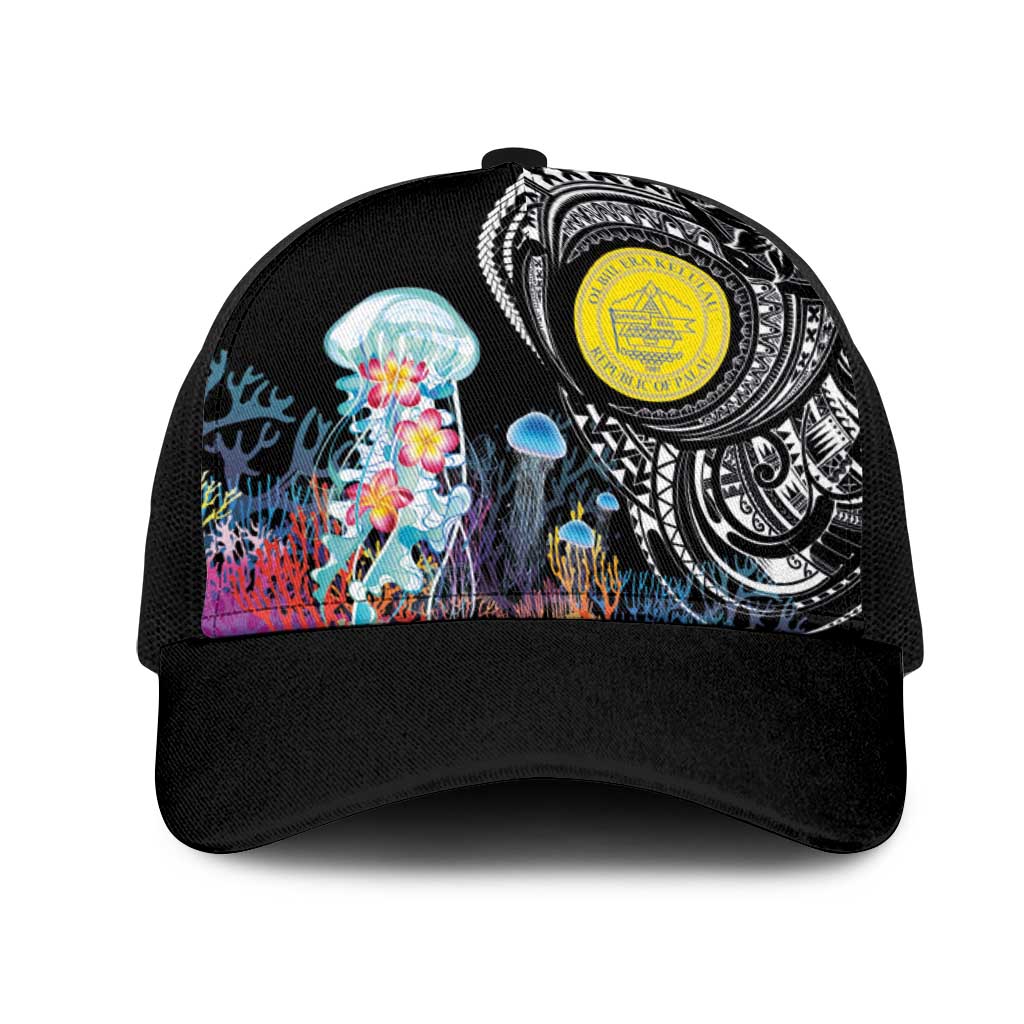 Palau Jellyfish Mesh Trucker Cap Coral Reef with Polynesian Pattern LT03 One Size Black Black - Polynesian Pride