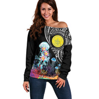 Palau Jellyfish Off Shoulder Sweater Coral Reef with Polynesian Pattern LT03 Women Black - Polynesian Pride