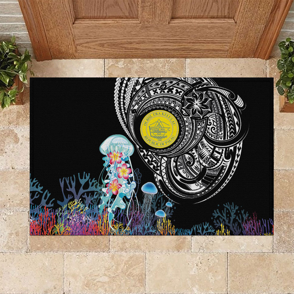 Palau Jellyfish Rubber Doormat Coral Reef with Polynesian Pattern LT03 Black - Polynesian Pride