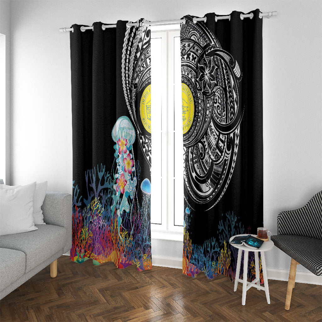Palau Jellyfish Window Curtain Coral Reef with Polynesian Pattern LT03 With Grommets Black - Polynesian Pride