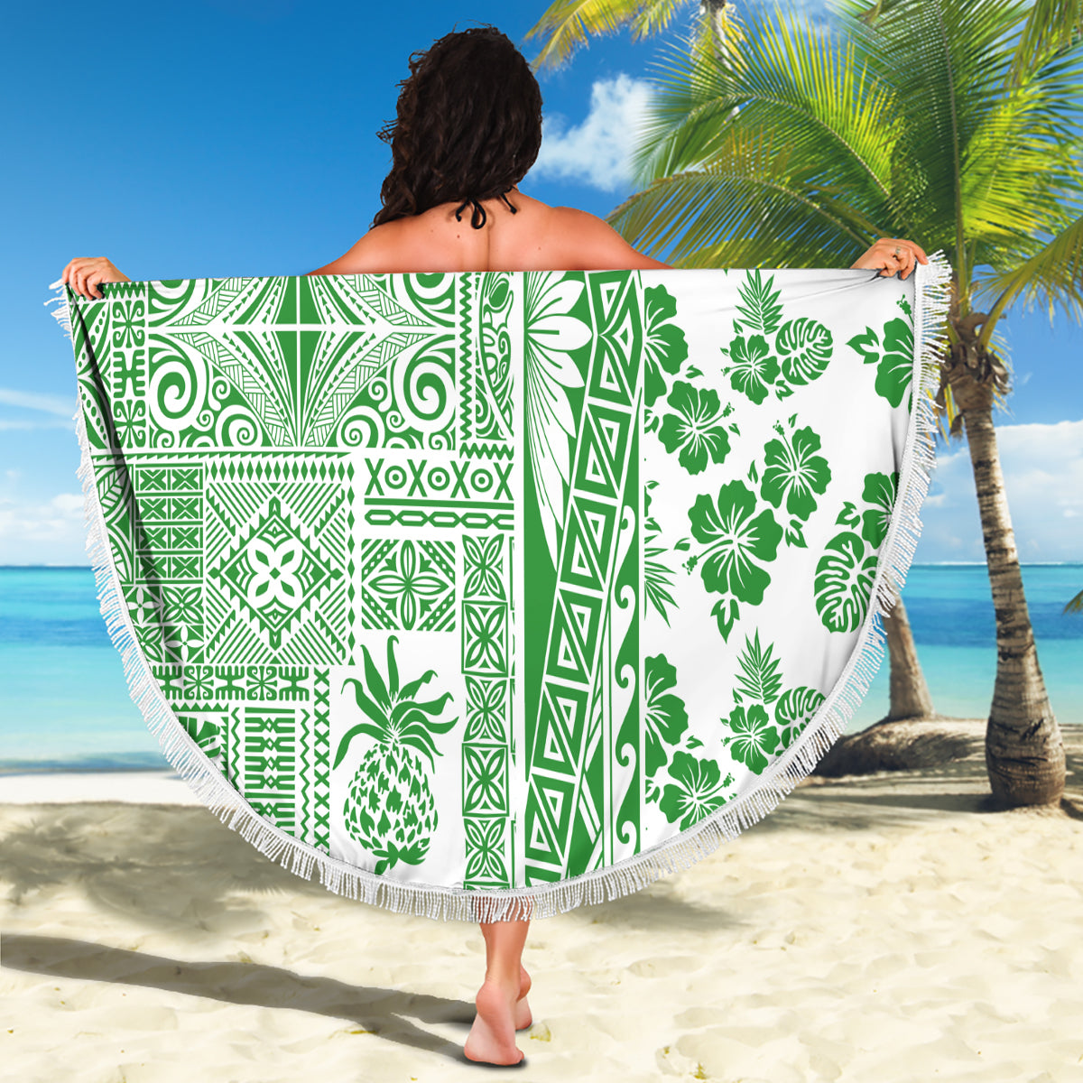 Hawaii Beach Blanket Aloha Tropical Plants Tribal Pattern Green Version LT03 - Polynesian Pride