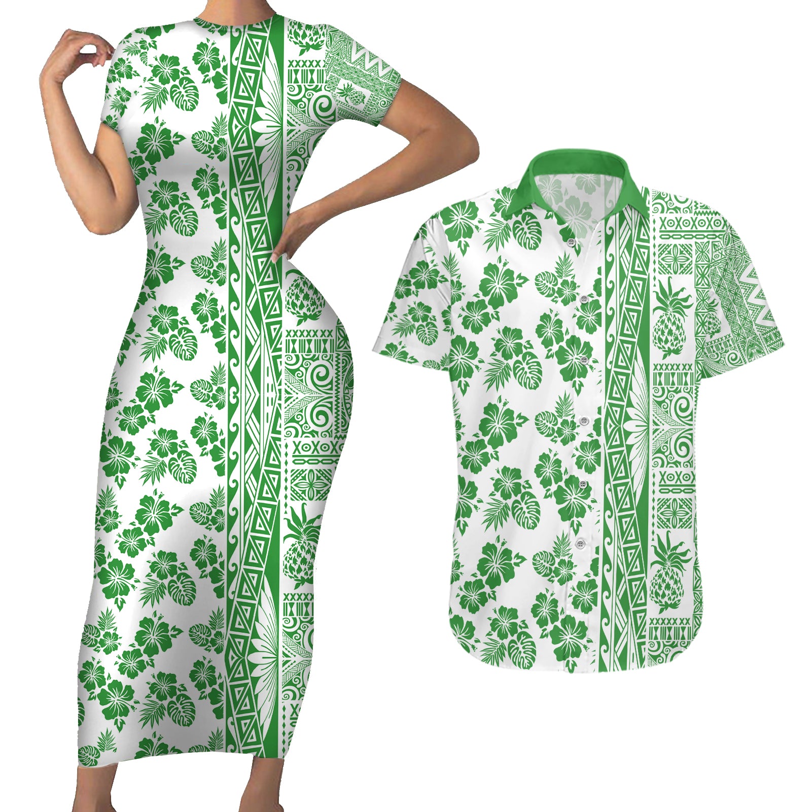 Hawaii Couples Matching Short Sleeve Bodycon Dress and Hawaiian Shirt Aloha Tropical Plants Tribal Pattern Green Version LT03 Green - Polynesian Pride