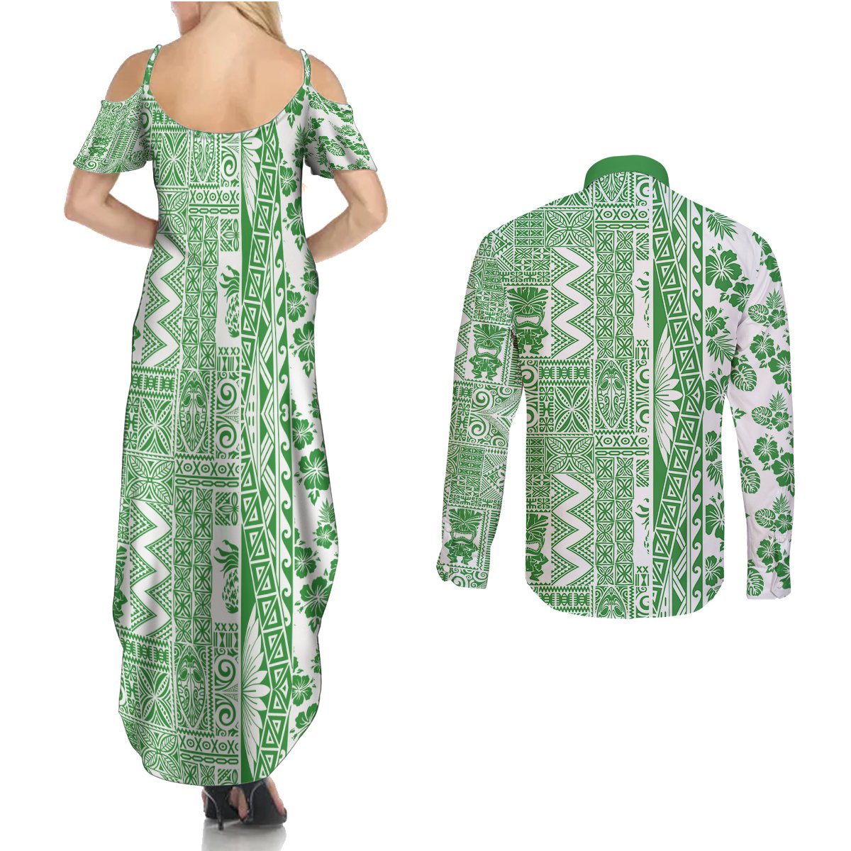 Hawaii Couples Matching Summer Maxi Dress and Long Sleeve Button Shirt Aloha Tropical Plants Tribal Pattern Green Version LT03 - Polynesian Pride