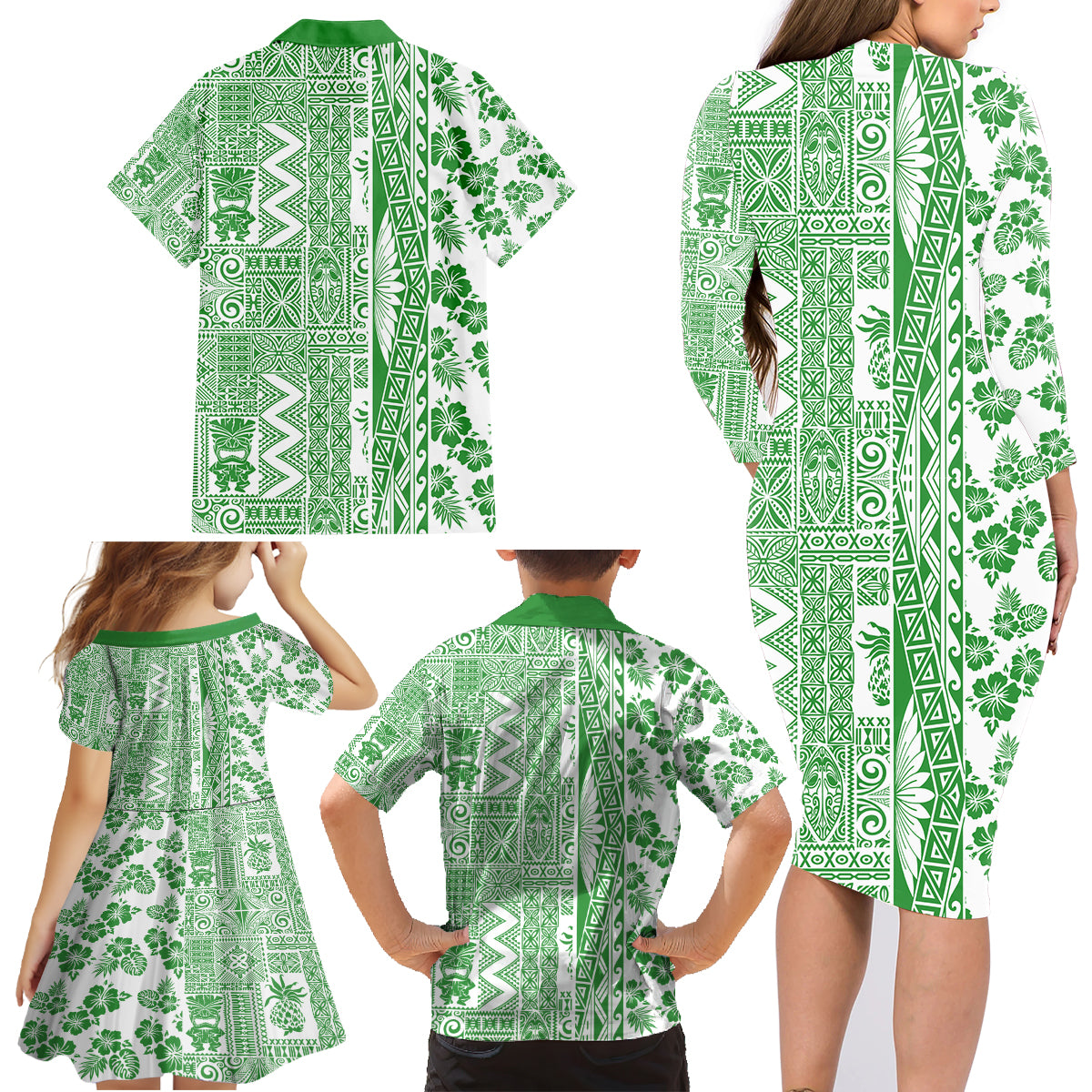 Hawaii Family Matching Long Sleeve Bodycon Dress and Hawaiian Shirt Aloha Tropical Plants Tribal Pattern Green Version LT03 - Polynesian Pride