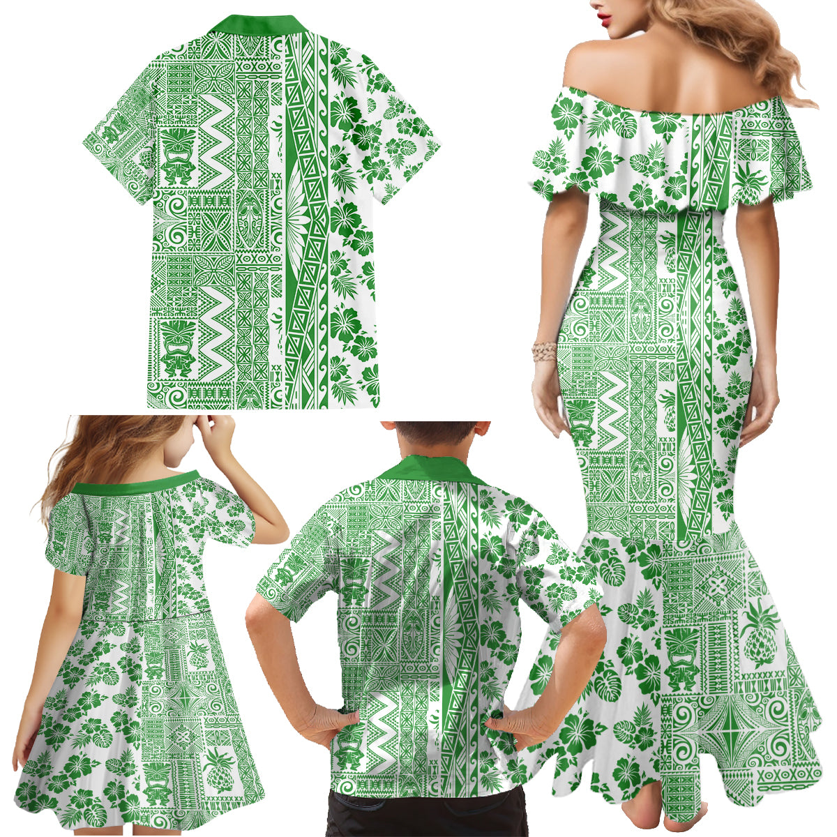 Hawaii Family Matching Mermaid Dress and Hawaiian Shirt Aloha Tropical Plants Tribal Pattern Green Version LT03 - Polynesian Pride