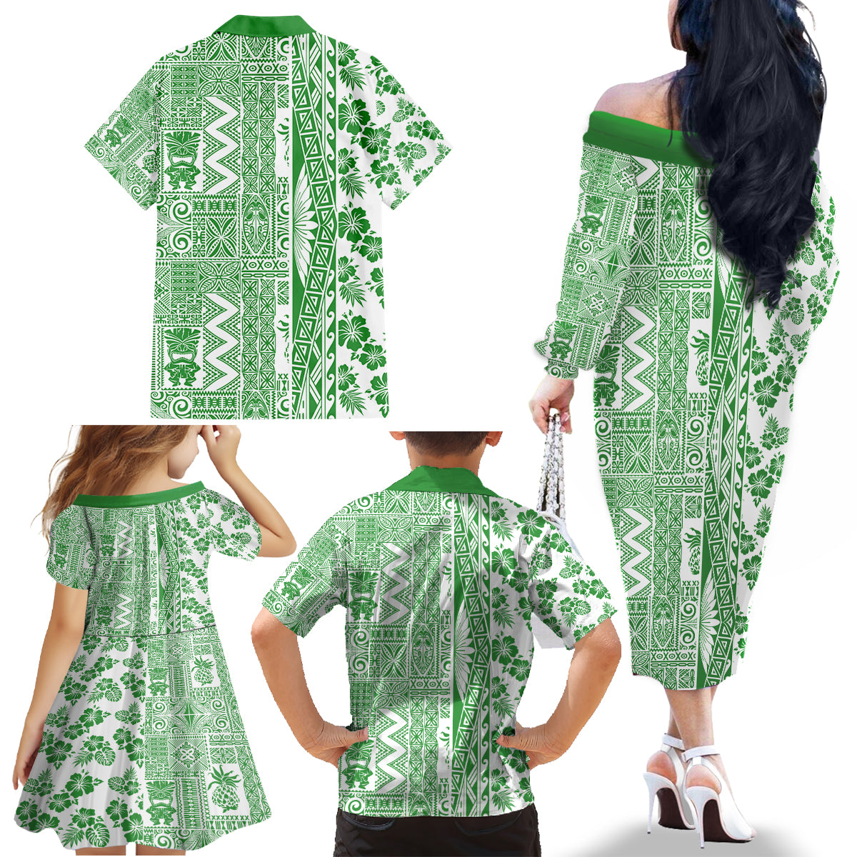 Hawaii Family Matching Off Shoulder Long Sleeve Dress and Hawaiian Shirt Aloha Tropical Plants Tribal Pattern Green Version LT03 - Polynesian Pride