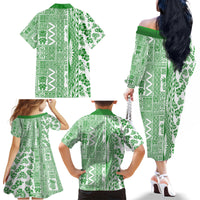Hawaii Family Matching Off Shoulder Long Sleeve Dress and Hawaiian Shirt Aloha Tropical Plants Tribal Pattern Green Version LT03 - Polynesian Pride