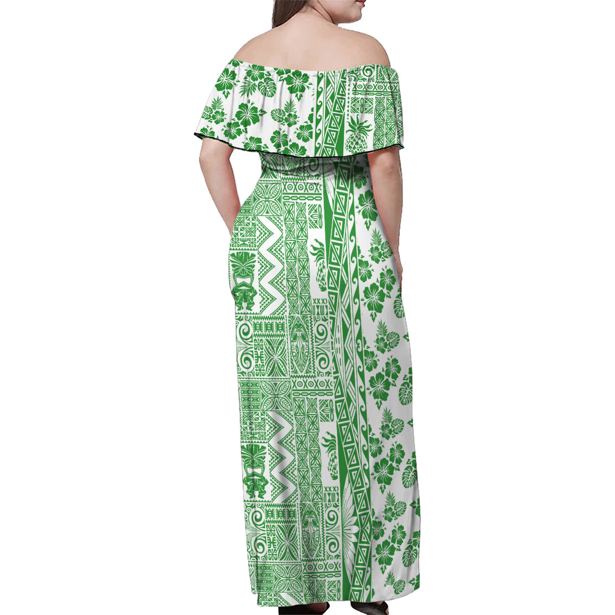 Hawaii Family Matching Off Shoulder Maxi Dress and Hawaiian Shirt Aloha Tropical Plants Tribal Pattern Green Version LT03 - Polynesian Pride