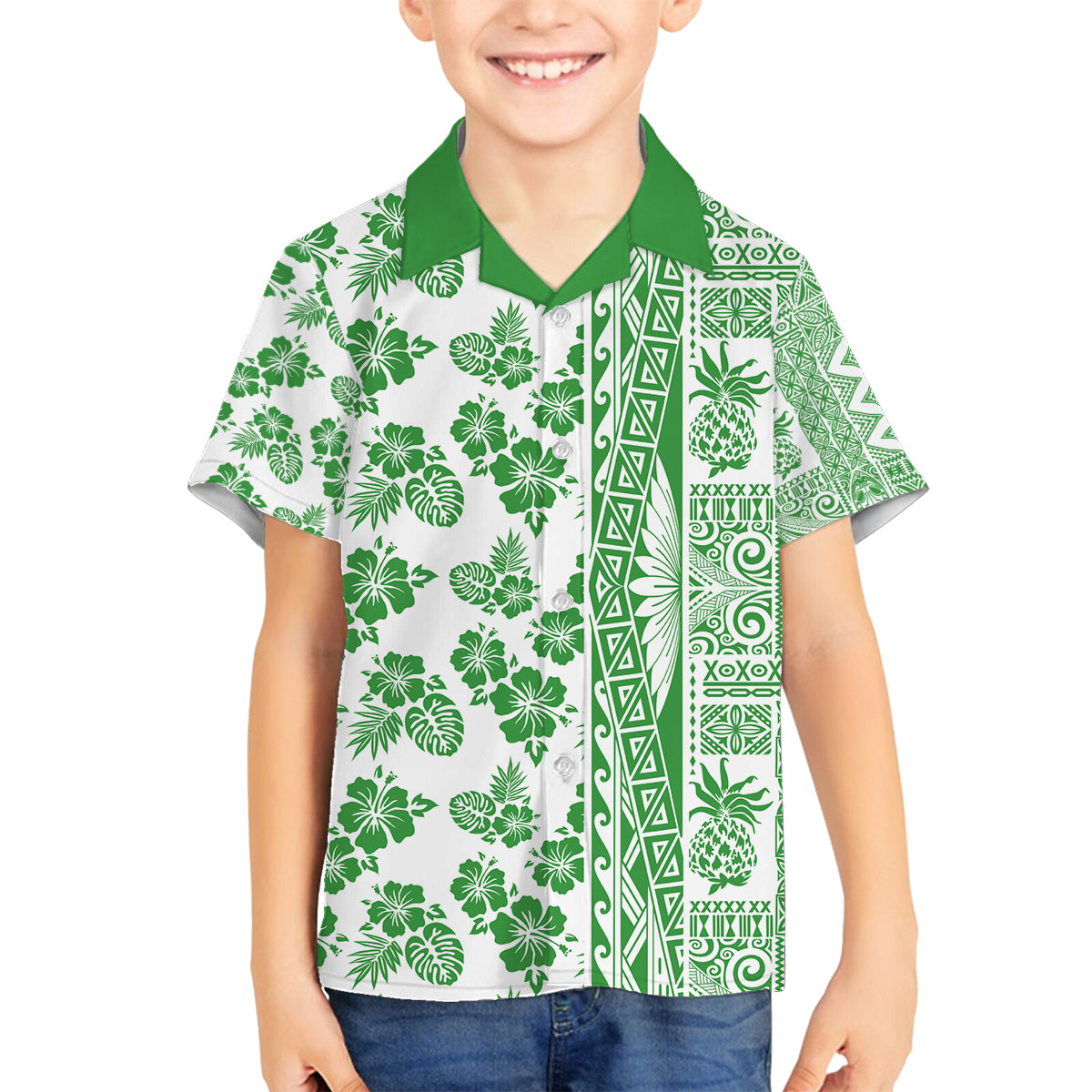 Hawaii Family Matching Summer Maxi Dress and Hawaiian Shirt Aloha Tropical Plants Tribal Pattern Green Version LT03 Son's Shirt Green - Polynesian Pride