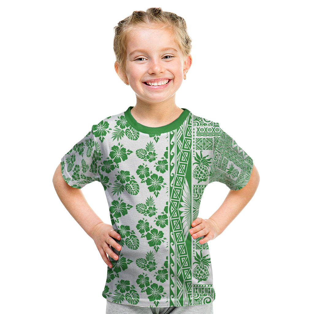 Hawaii Kid T Shirt Aloha Tropical Plants Tribal Pattern Green Version LT03 Green - Polynesian Pride