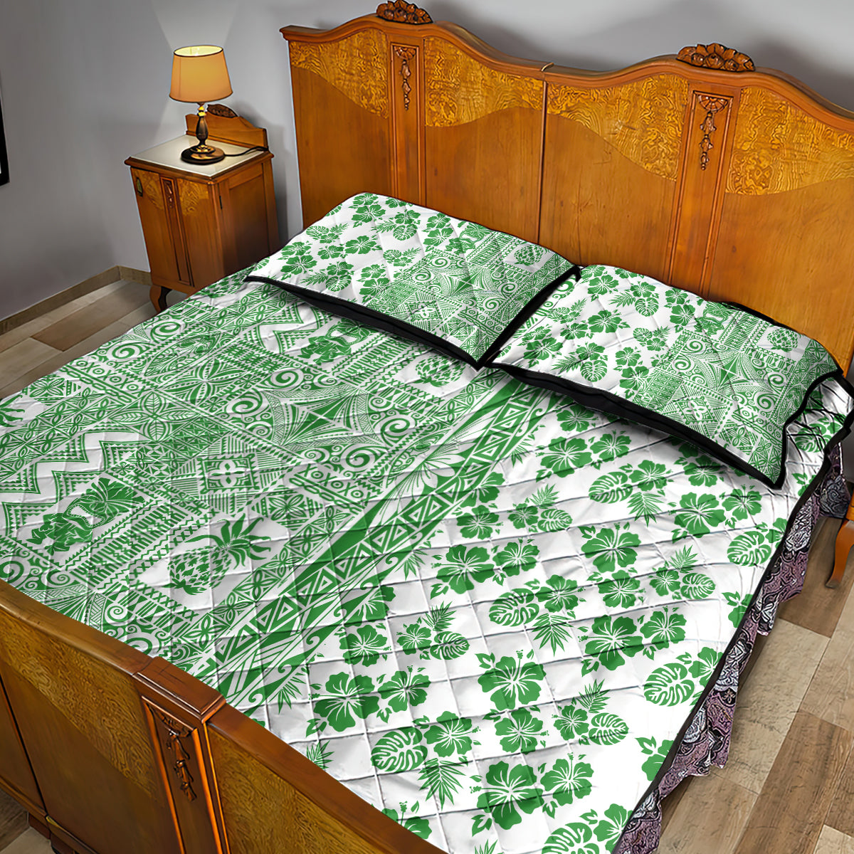 Hawaii Quilt Bed Set Aloha Tropical Plants Tribal Pattern Green Version LT03 - Polynesian Pride